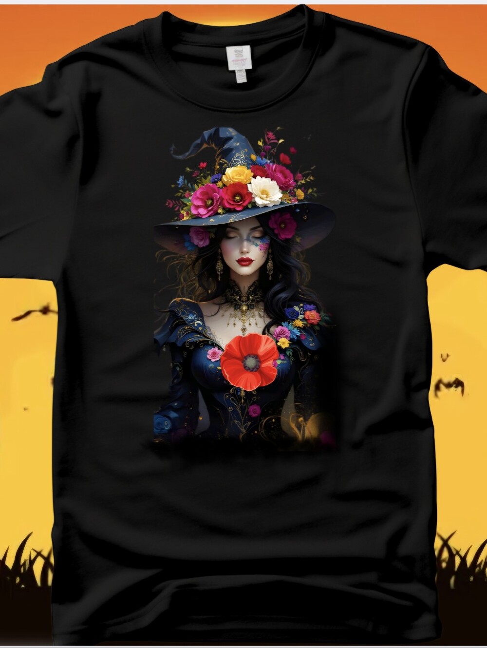 Exclusive Floral Witch Skull Graphic Tee Hand Crystals